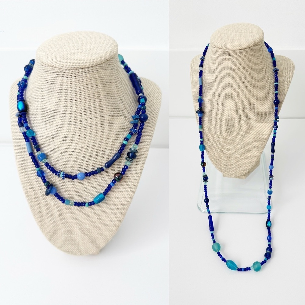 Genuine Turquoise & Glass Bead Necklace Blue Long